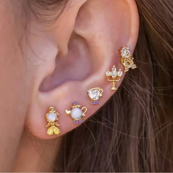 Disney’s Beauty and the Beast Stud Earrings Set- Gold - Picture 1 of 2